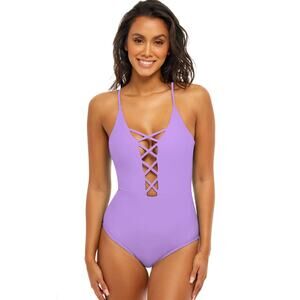H2OH Swim Womens Size M Costa One Piece Swimsuit Violet Purple Plunge Lavender